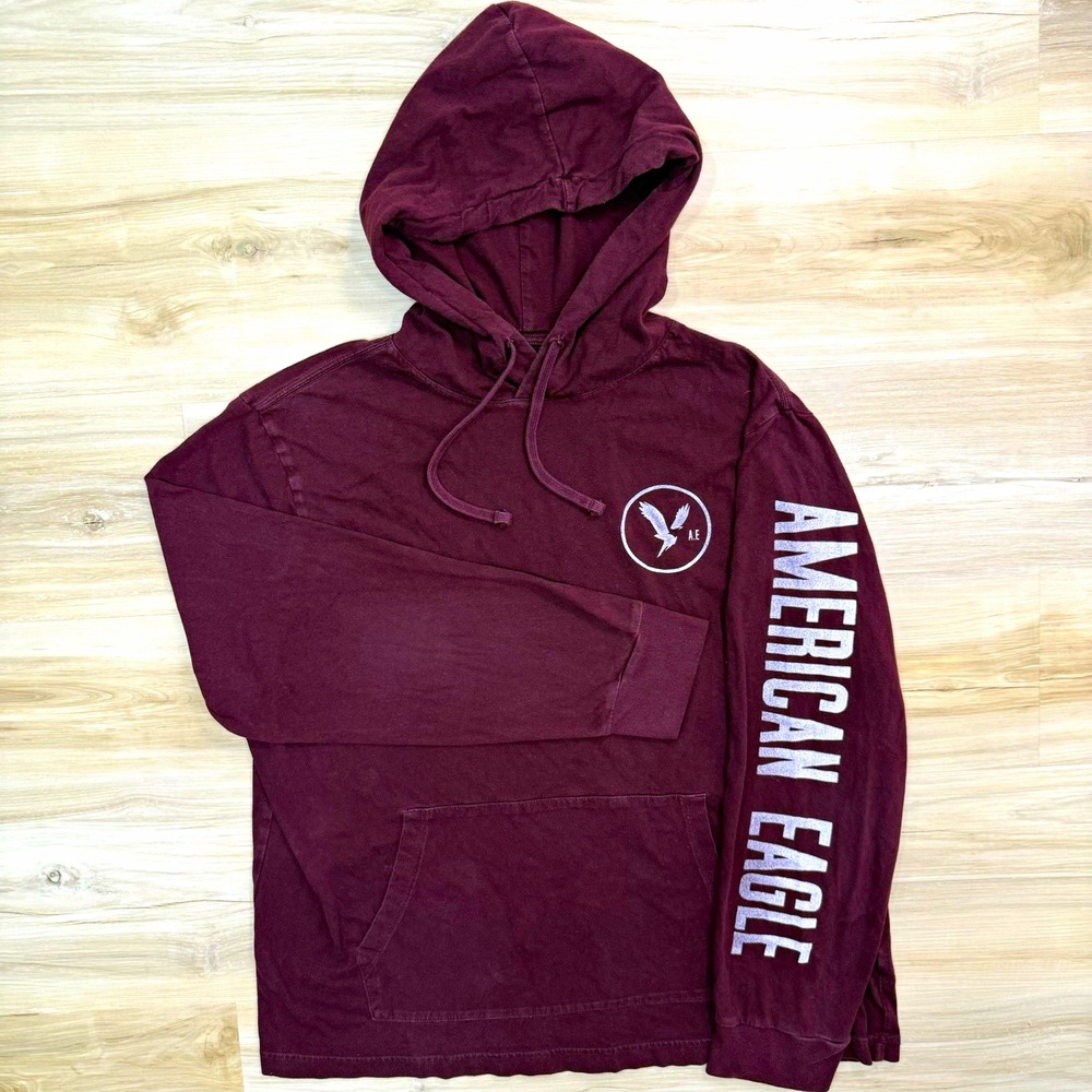 American Eagle Hoodie Mens Large Maroon Red Lightweight Sleeve Spellout Graphic